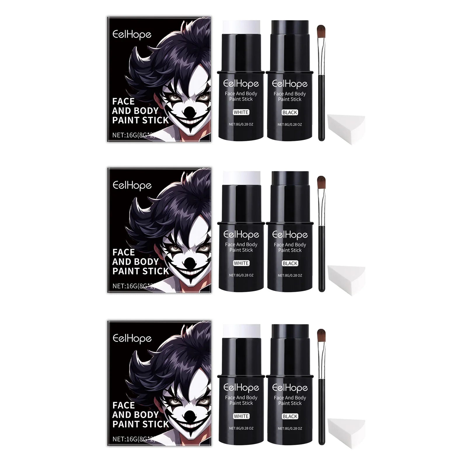 Halloween Face & Body Paint Kit – Black White Clown Makeup Set Peaceful Pleasures Health and Wellness 3sets boxes