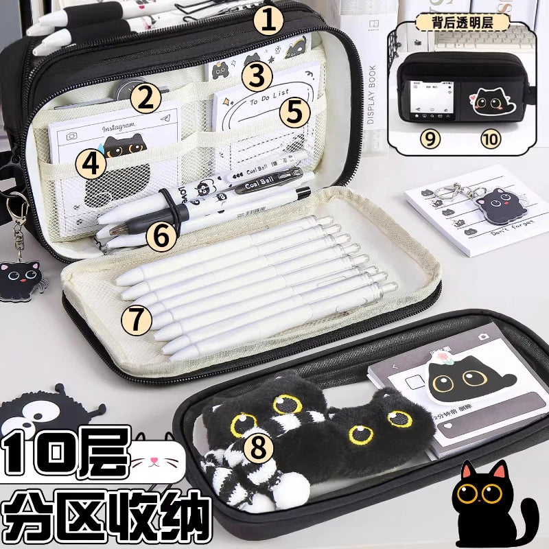 10 Layer Creative Black Cat Design Removable Pencil Case Large Capacity Stationery Case Cute Pencil Case for Student Office Peaceful Pleasures Health and Wellness