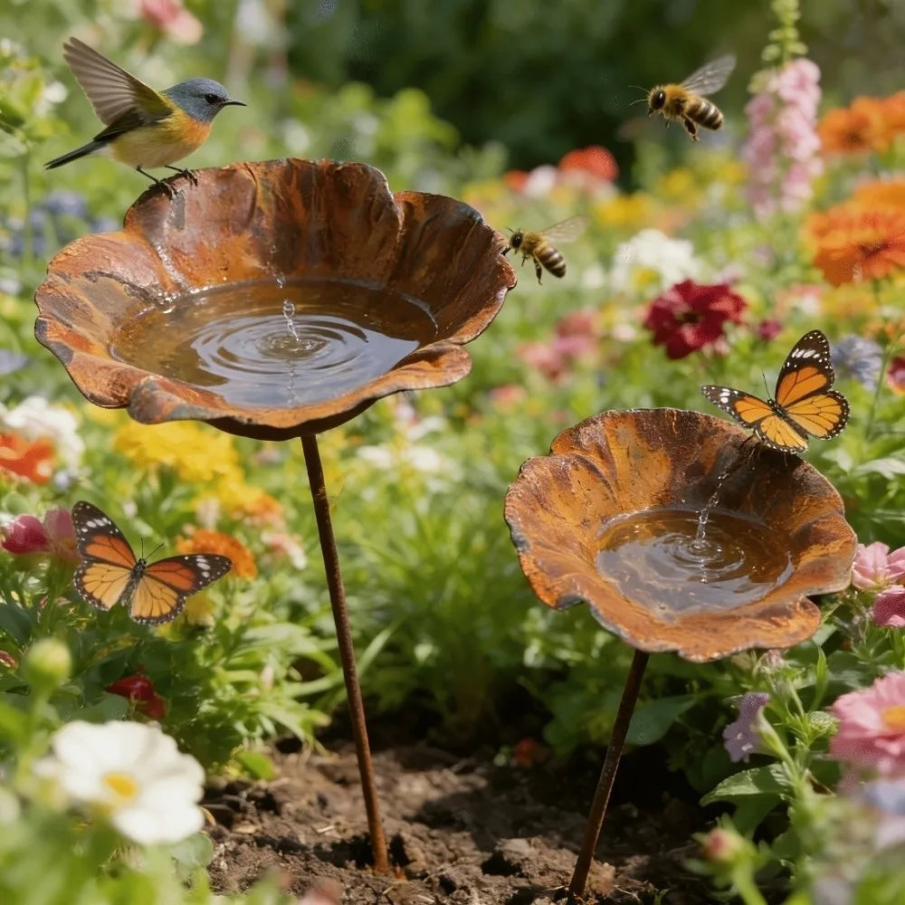 Flower Shape Rustic Metal Bird Bath – Vintage Iron Garden Stake