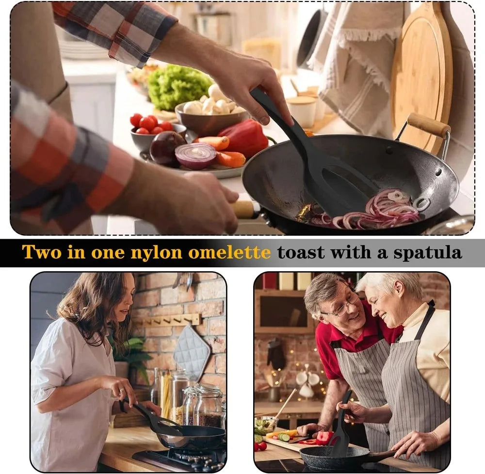 New 2 in 1 Grip Flip Spatula Tongs Egg Flipper Spatula Nylon Non Stick Coating Pancake Fish French Toast Omelet Making Tool Peaceful Pleasures Health and Wellness