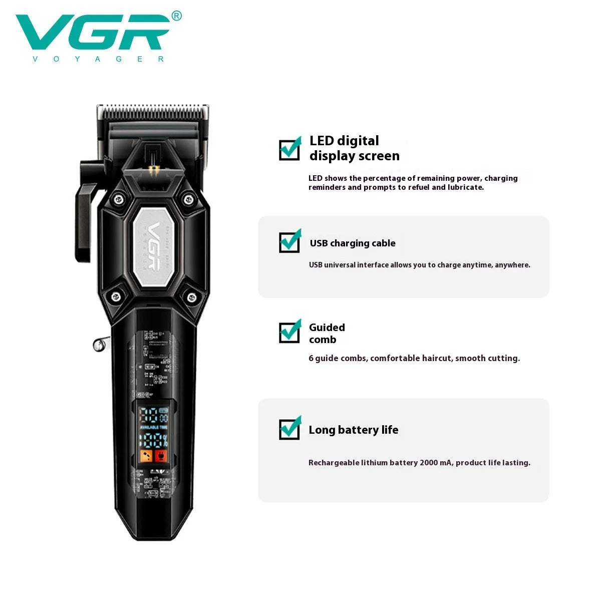 VGR 600 electric hair clipper transparent body hair trimmer LED intelligent digital display electric push shear powerful power c Peaceful Pleasures Health and Wellness