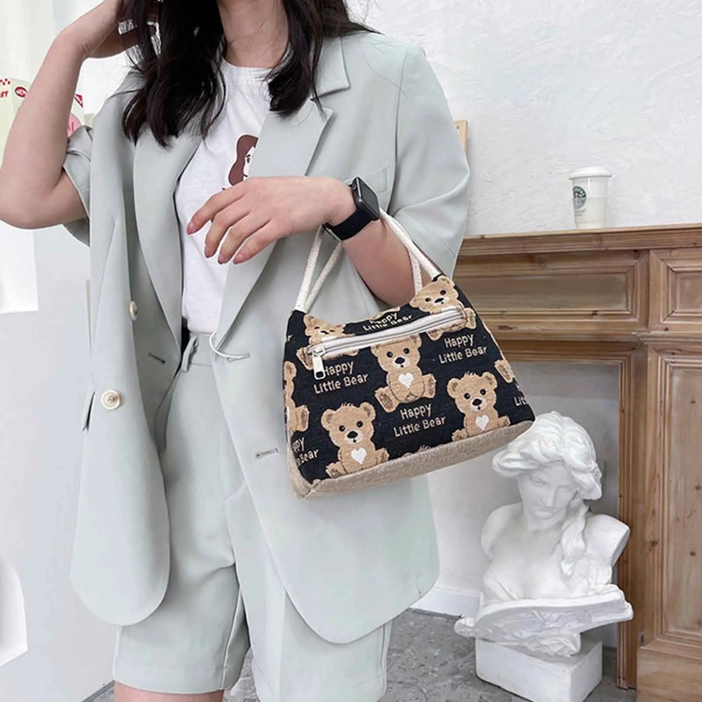 Cute Bear Pattern Lunch Tote Pouch Portable Large Capacity Storage Bag for Outdoor Picnic Hiking Camping Peaceful Pleasures Health and Wellness