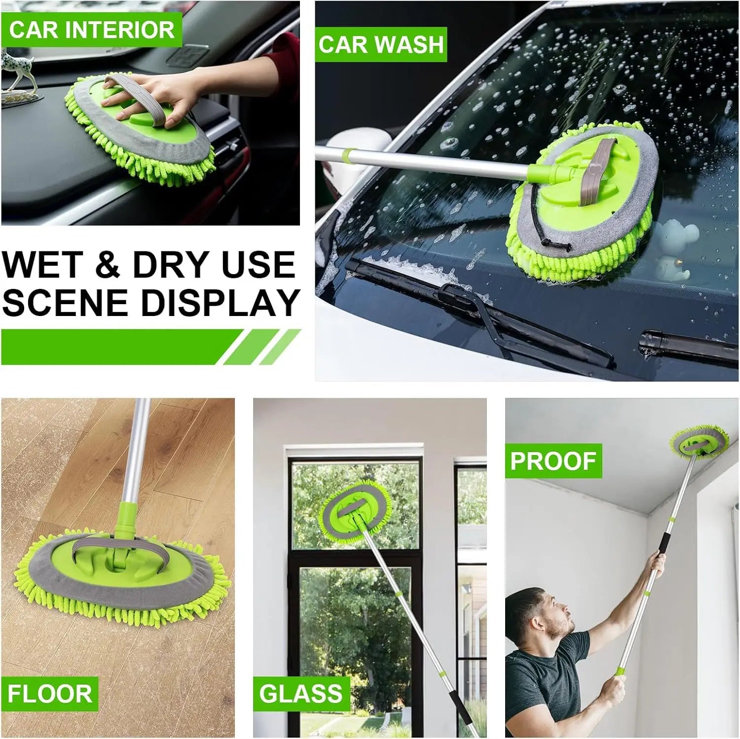 1 Set of Green Car Wash Mop with Attachable Brush Head, Extra-Long Car Cleaning Mop, Chenille 4-Section Detachable Mop, Also Suitable for Household Cleaning, Multifunctional Cleaning Mop Peaceful Pleasures Health and Wellness