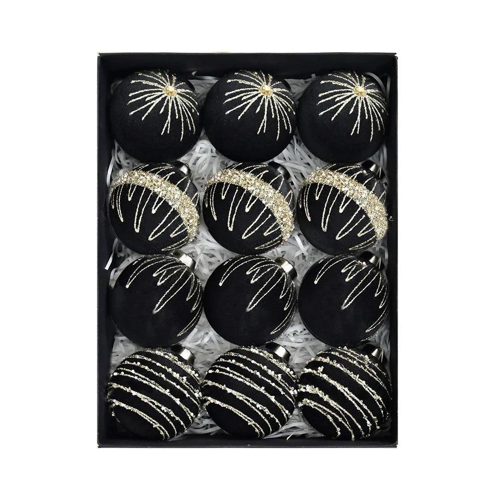 12-Piece Flocked Velvet Christmas Ball Ornaments | 8cm Set