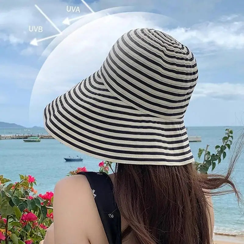 Striped Wide Brim Sun Hat – Lightweight Fisherman Cap for Women