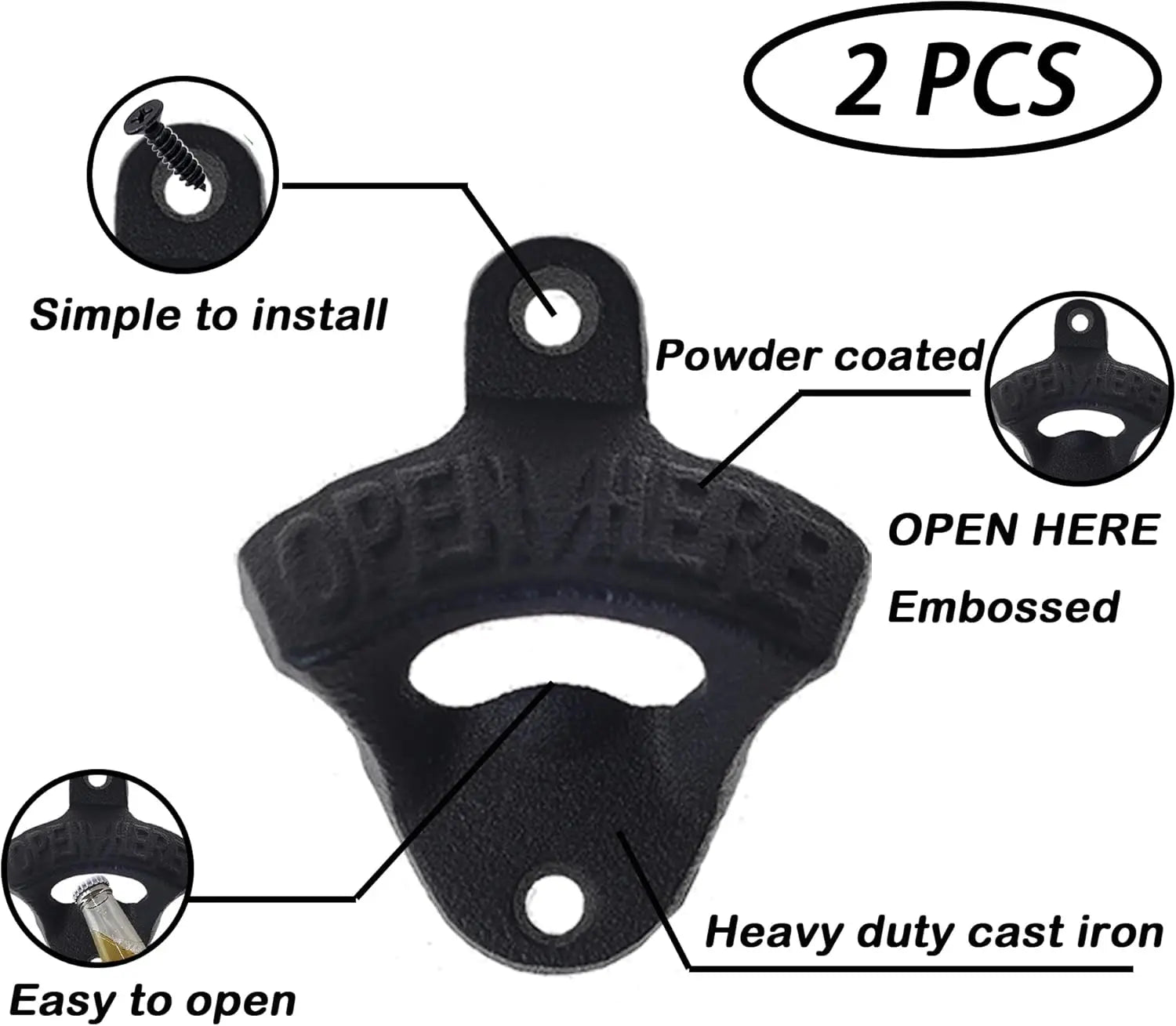 2PCS Wall Mounted Beer Opener Cast Iron Black Bottle Cap Opener Beer Bottle Opener Stationary Open Here Bar Accessories for Hub Peaceful Pleasures Health and Wellness