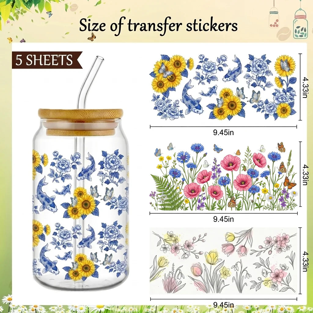 UV DTF Spring Floral Cup Wrap Stickers | Waterproof DIY Decals