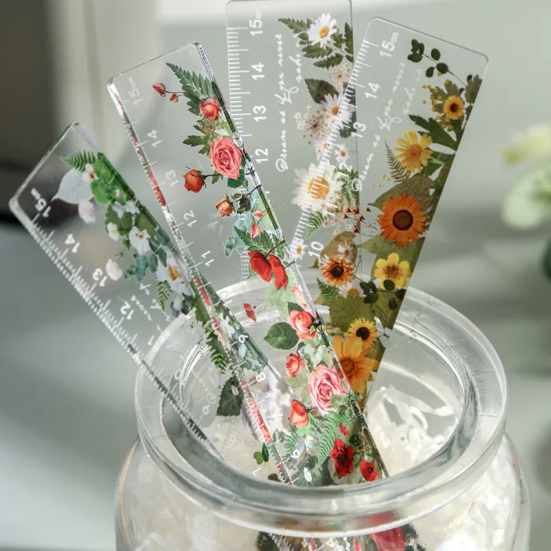 Acrylic Ruler Minimalist Style Plant Flowers Student Stationery Ruler for Measurement Peaceful Pleasures Health and Wellness