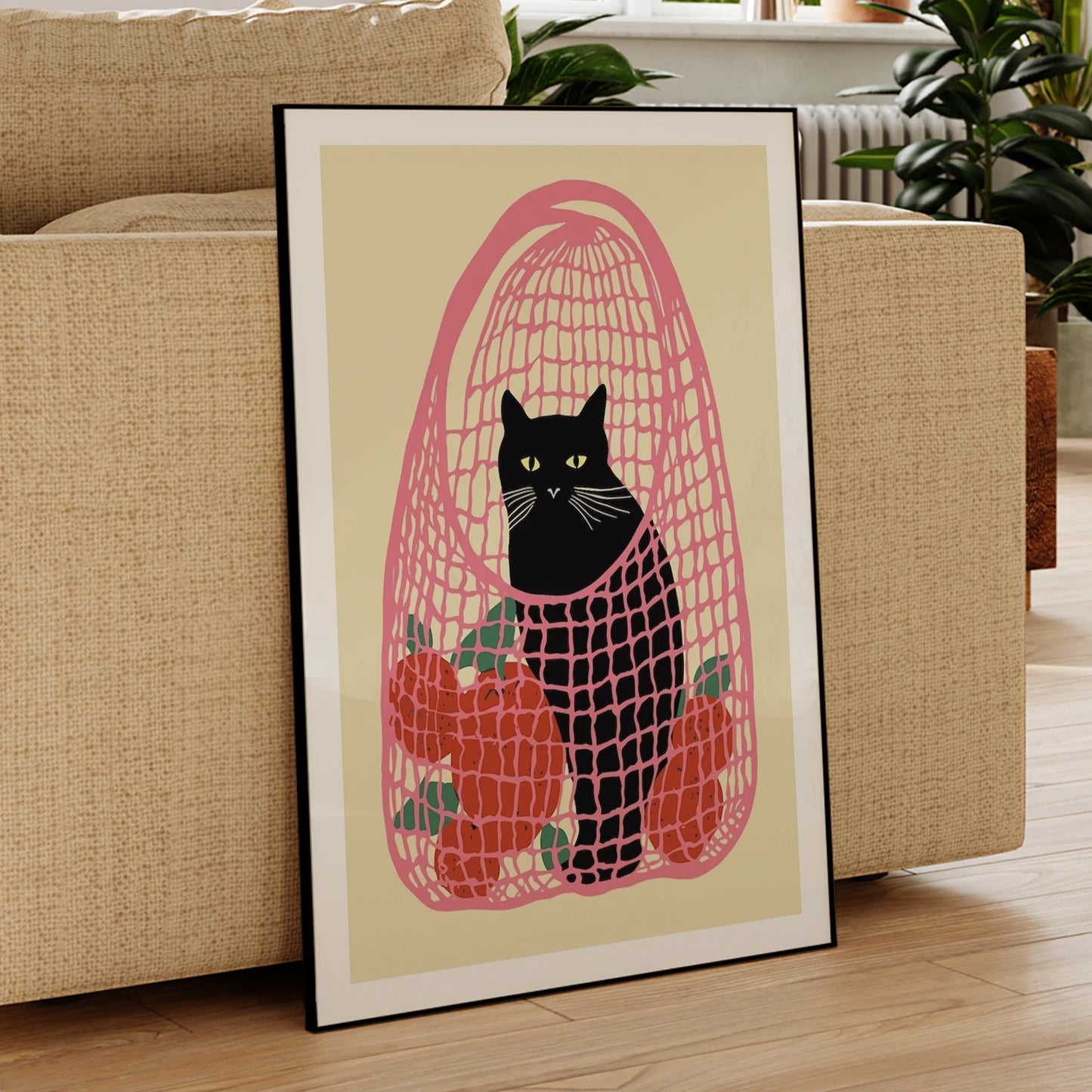 Black Cat Pink Bag Oranges Canvas Wall Art Print | Home Decor