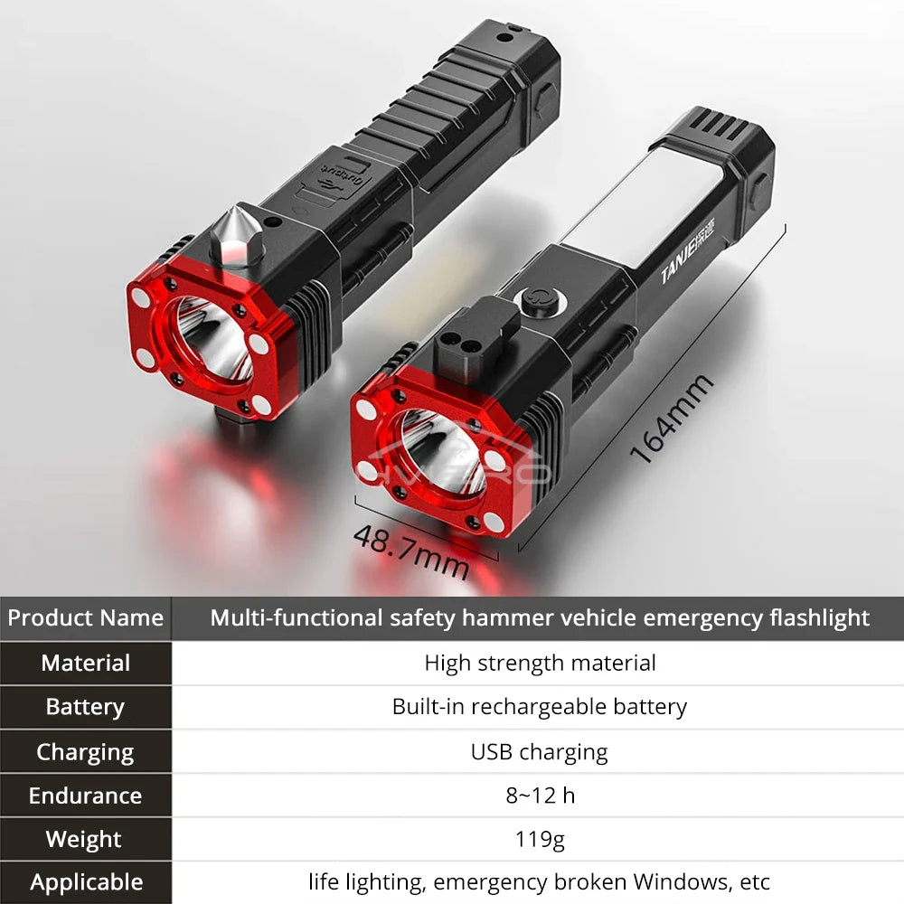 HVIERO COB LED Flashlight & Safety Hammer – USB Rechargeable