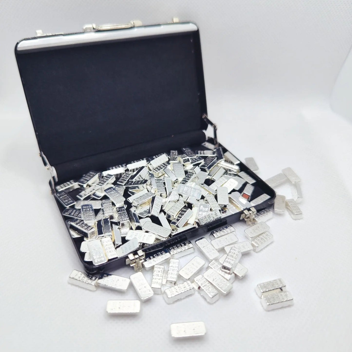 60Pcs Mini Replica Gold Bar Set with Briefcase 24K Gold-Plated Alloy Collectible Model Fake Gold Bar Decor for Home Office Peaceful Pleasures Health and Wellness Silver