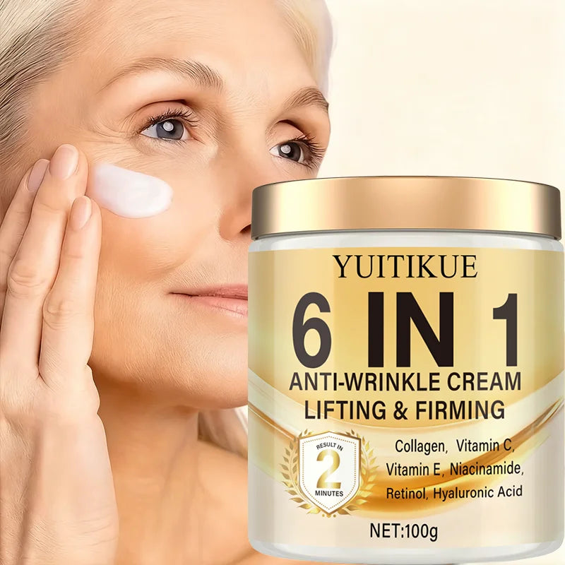 6-in-1 Anti-Wrinkle Cream: Deeply moisturizes, firms the skin, contains Vitamins C and E, retinol, and hyaluronic acid. Peaceful Pleasures Health and Wellness