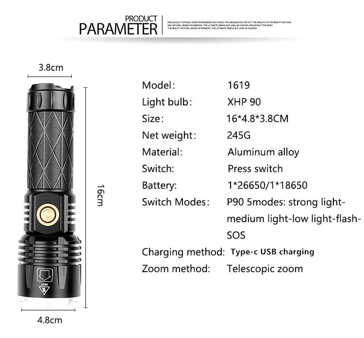 POCKETMAN XHP90.2 LED Tactical Flashlight 3800lm USB Rechargeable