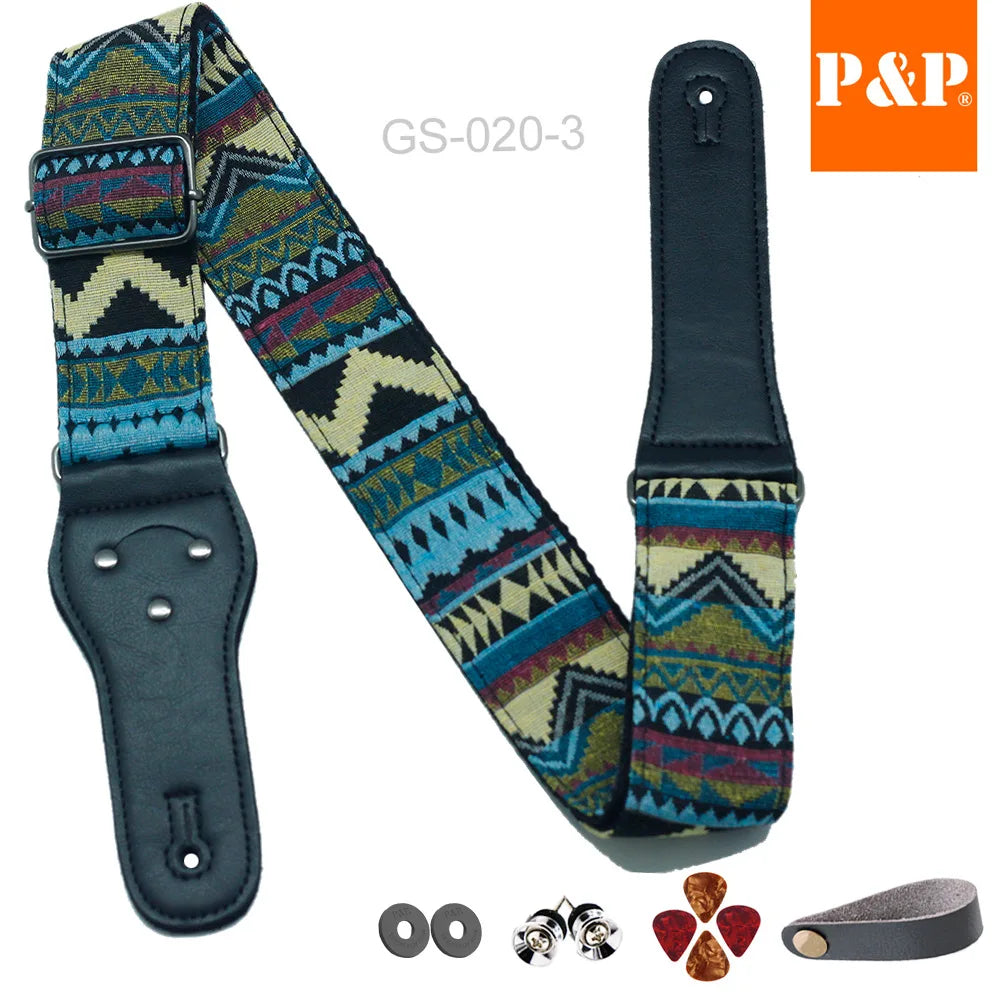 P&p Boho Embroidered Guitar Strap Cotton Adjustable Acoustic Electric