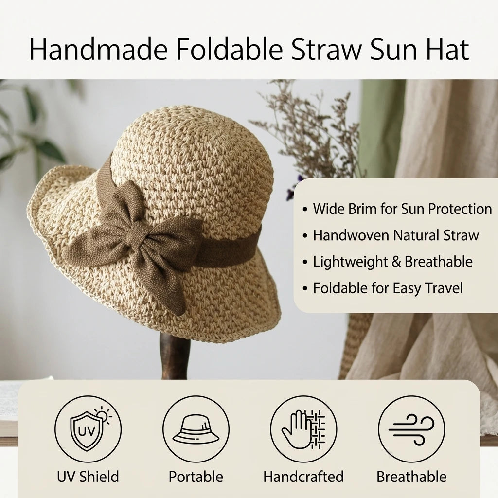 Women Summer Straw Sun Hat Wide Brim Foldable UV-Protection for Outdoor Activities Peaceful Pleasures Health and Wellness