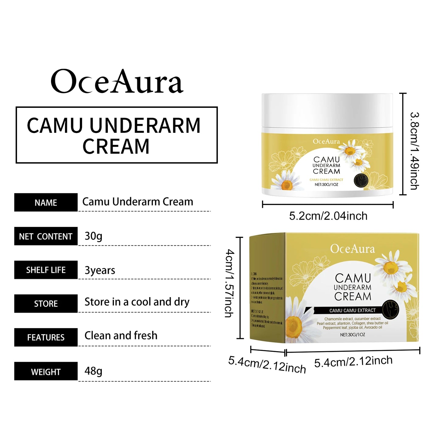 OceAura Chamomile Underarm Deodorant Cream 30g | Anti-Sweat