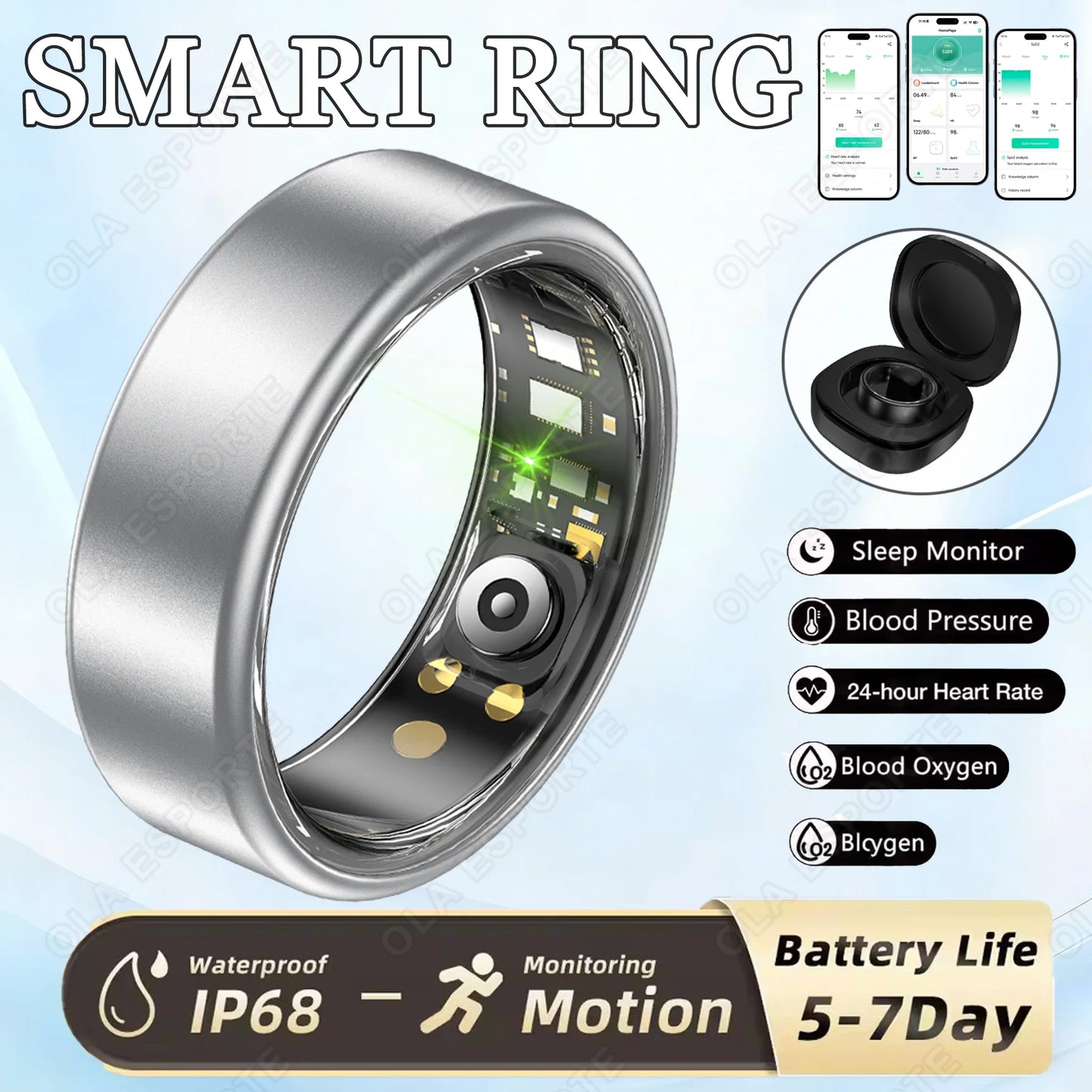 New R09 Smart Ring Men Women with Charging Case,Heart Rate Blood Oxygen,Skin Temperature Monitor,5ATM Waterproof For Android iOS Peaceful Pleasures Health and Wellness