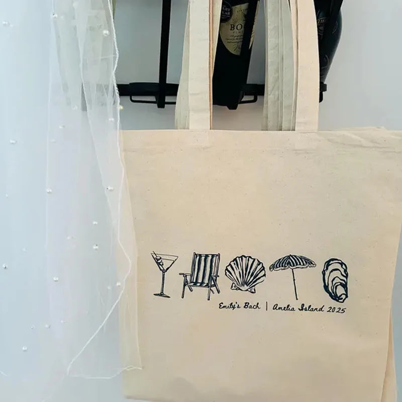 Personalized Coastal Doodle Canvas Tote Bag | Beach Wedding Gift