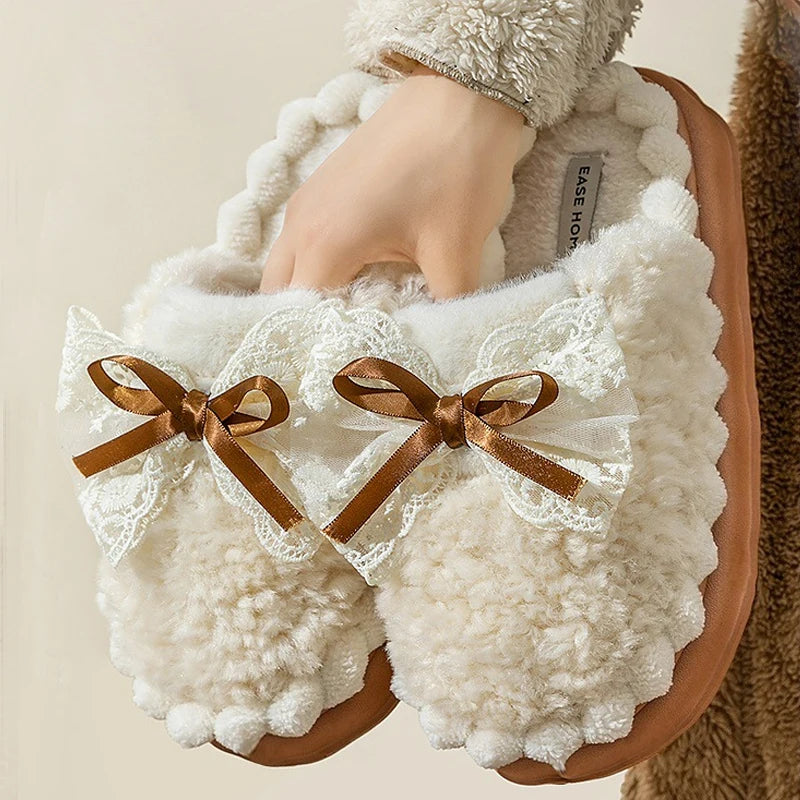 Women's Bow Plush Slippers – Warm Anti-Slip Indoor House Shoes