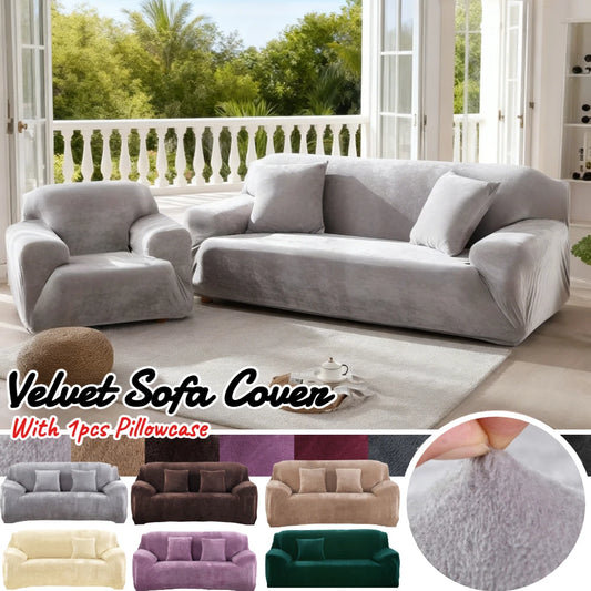 Thick Velvet Sofa Covers 1 2 3 4 Seater Stretch Non-Slip Couch Cover Furniture Protector Plush Sofa Slipcovers with 1 Pillowcase Peaceful Pleasures Health and Wellness