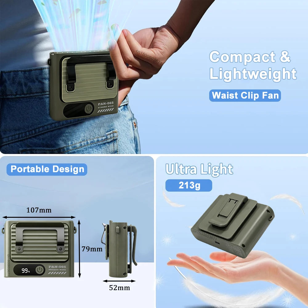 Portable Waist Fan with Belt Clip Metal Fan Rechargeable Neck Hanging Fan for Outdoor Travel Camping Desk Fan Mini Handheld Fan Peaceful Pleasures Health and Wellness