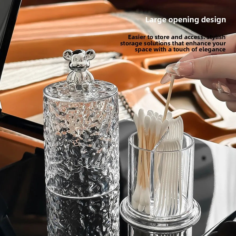 Qtip Holder Storage Canister Clear Plastic Apothecary Jar with Lid, Bathroom Organizer for Cotton Ball, Cotton Swab, Pads Floss Peaceful Pleasures Health and Wellness