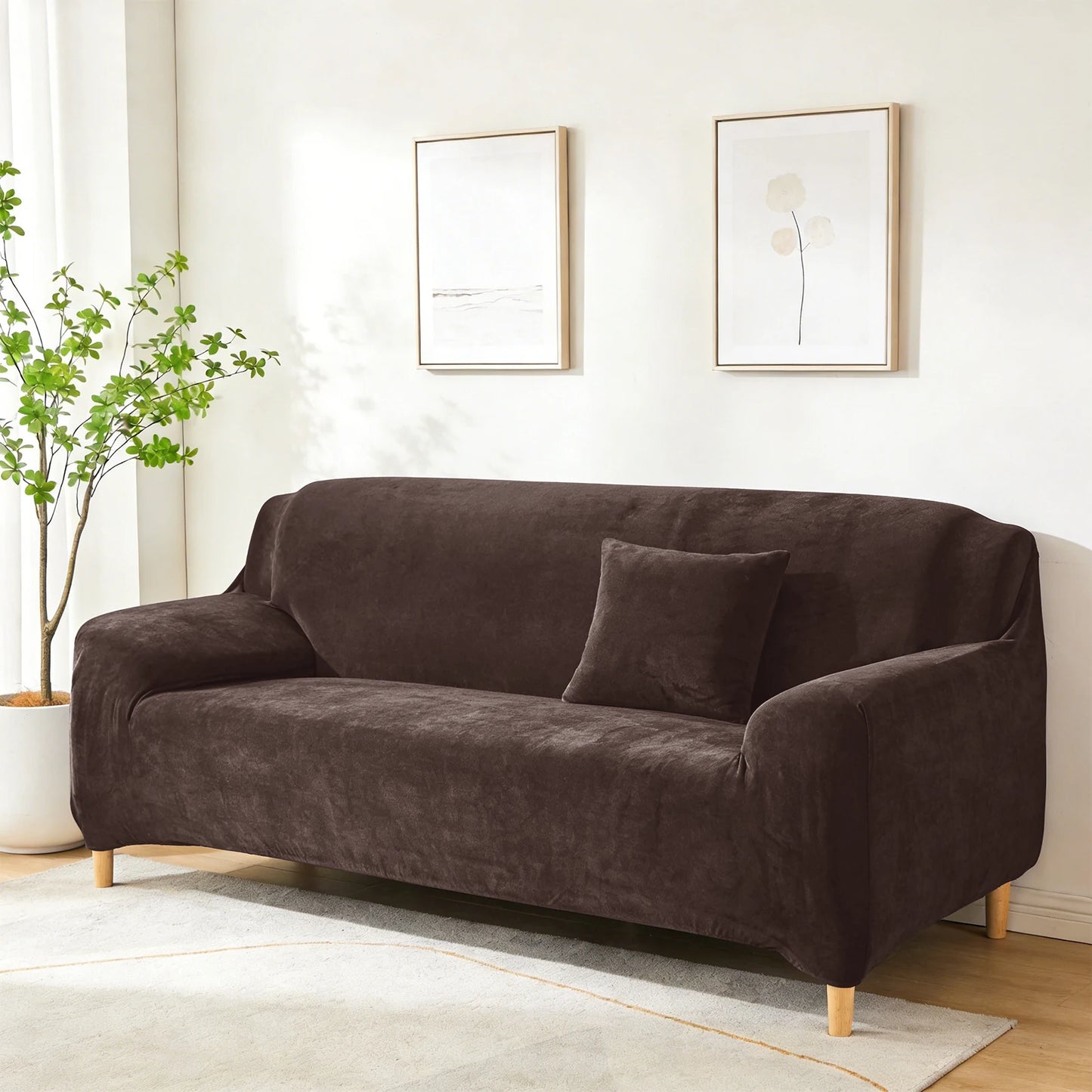New Velvet Plush Stretch Sofa Slipcover Non Slip Soft Couch Loveseat Covers Furniture Protector with Elastic Bottom for Kids Pet Peaceful Pleasures Health and Wellness Coffee 4 Seat ( 225-290cm)