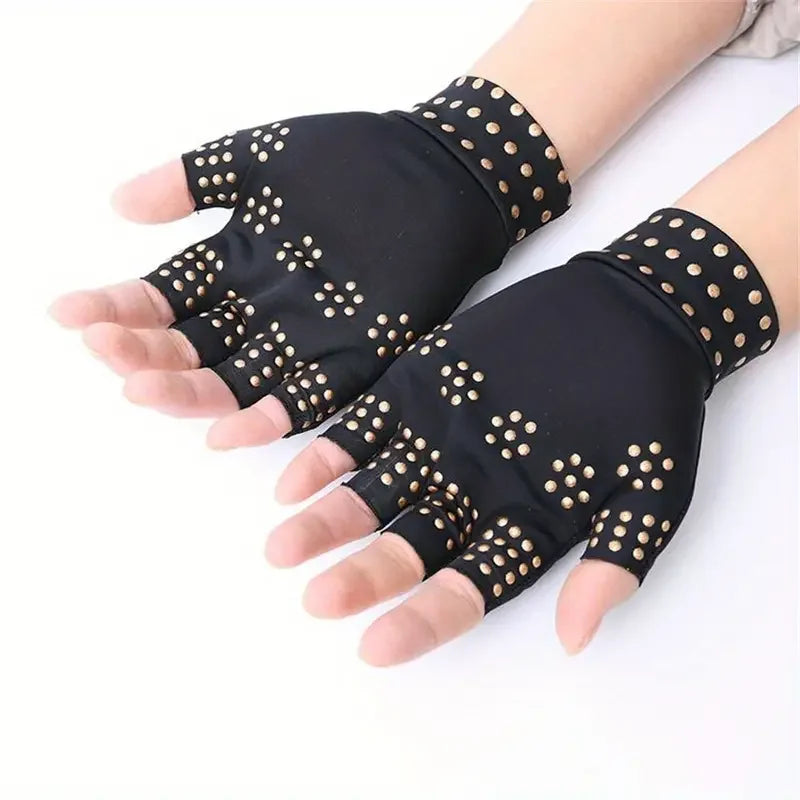 1Pair Magnetic Compression Arthritis Gloves - Wrist Brace & Anti-Slip Fingerless Hand Care Gloves For Women & Men Peaceful Pleasures Health and Wellness Black- Gold Free Size