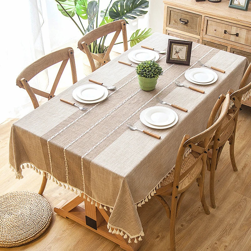 Battilo Linen Cotton Tablecloth | Striped Tassel Table Cover