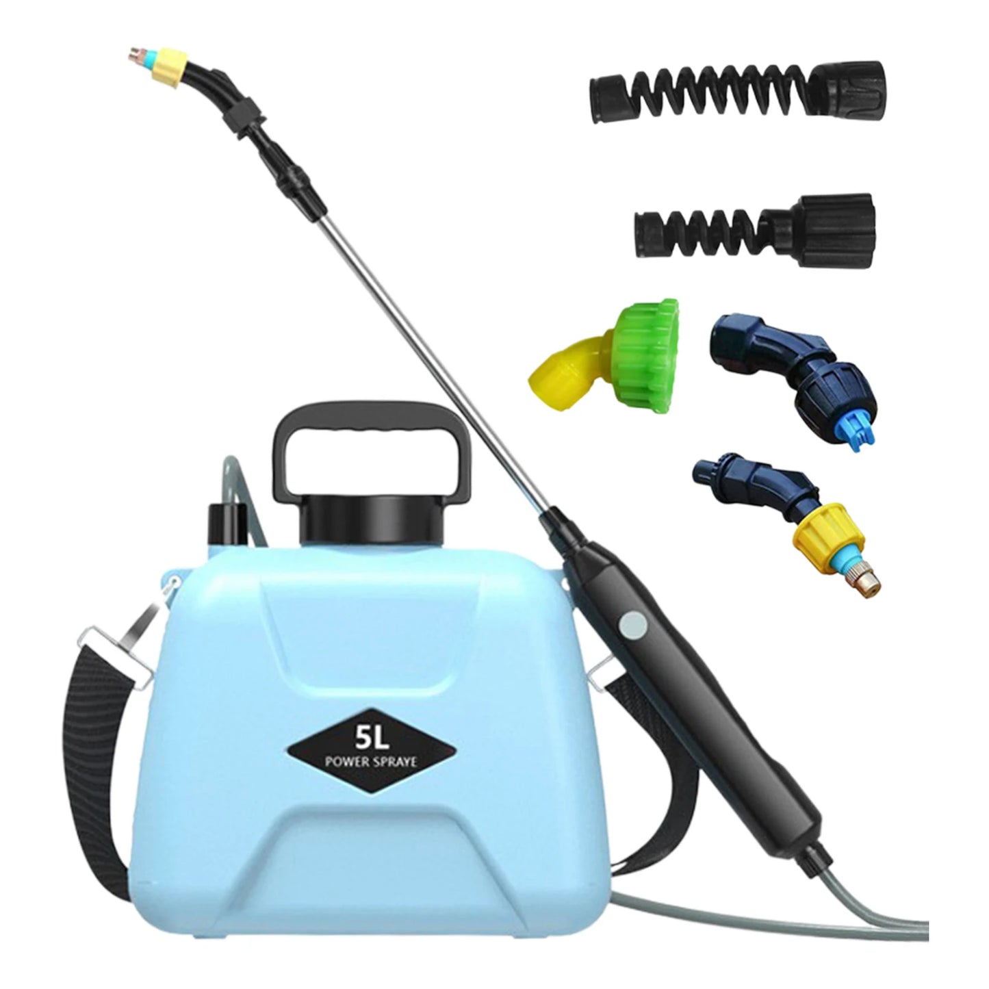 5L Battery Powered Sprayer with 3 Mist Nozzles Rechargeable Retractable Wand Plant Sprayer with Shoulder Strap for Lawn Garden Peaceful Pleasures Health and Wellness Blue 2500mAh