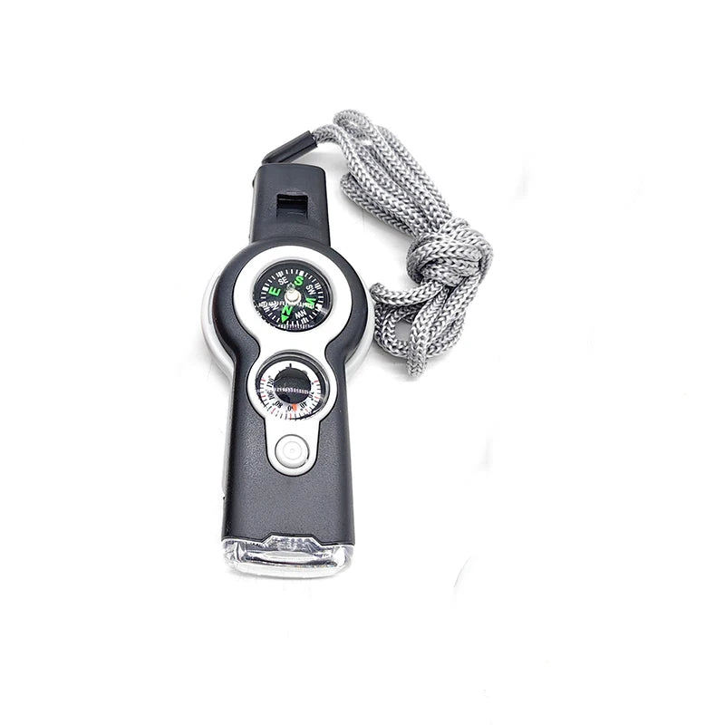 7-in-1 Multi-functional Whistle Outdoor Compass Thermometer LED Light Survival Flashlight Reverse Mirror Magnifying Glass Peaceful Pleasures Health and Wellness gray