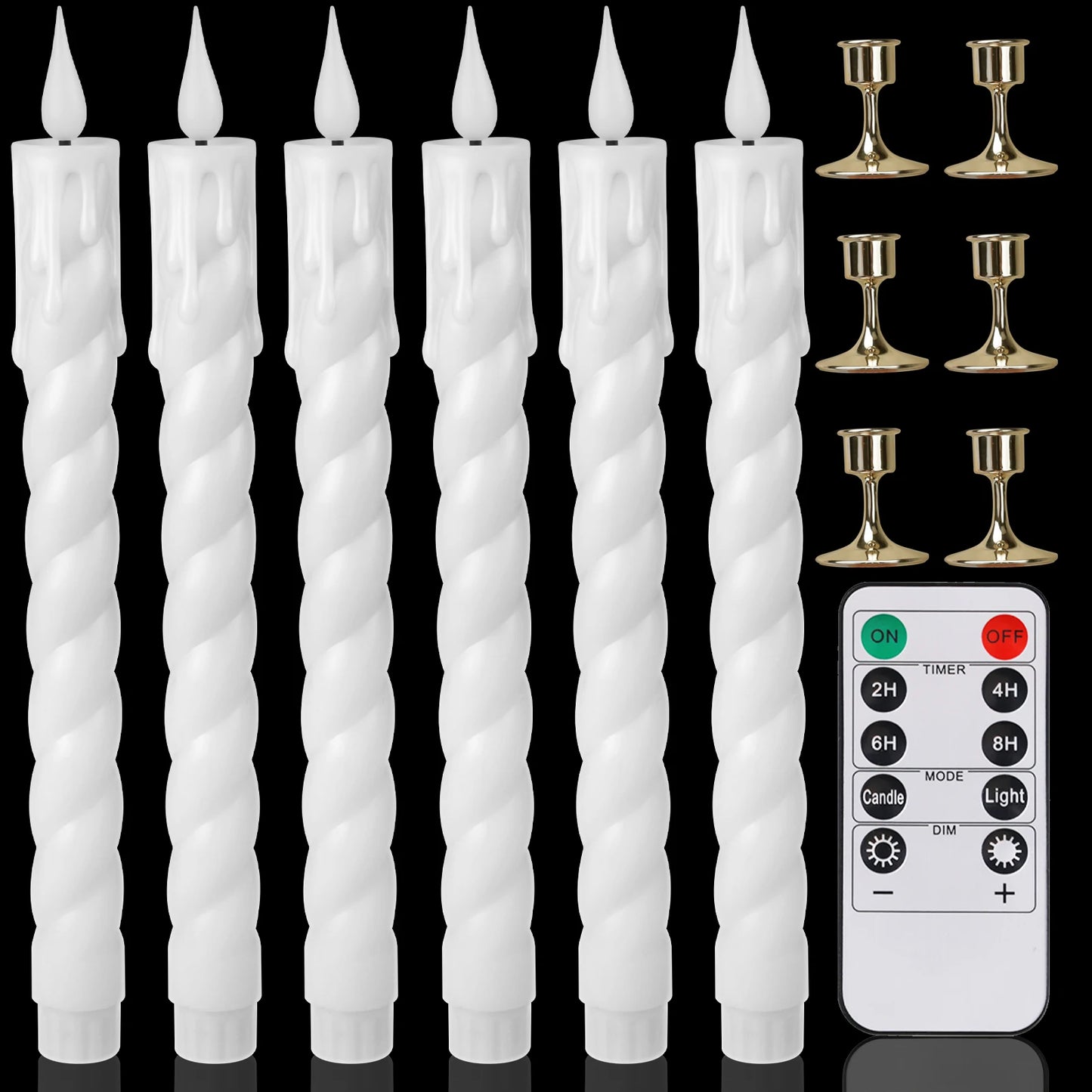 Flameless Flickering Taper Candles With/Without Remote Control Timer Dimmer Battery Operated Candlesticks for Christmas Wedding Peaceful Pleasures Health and Wellness Remote 6Pc white D