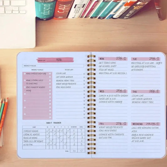 Undated Weekly Planner A5 Weekly Goals Spiral Binding Notebook Planner Agenda Record Daily Plans To Achieve Future Goals Peaceful Pleasures Health and Wellness