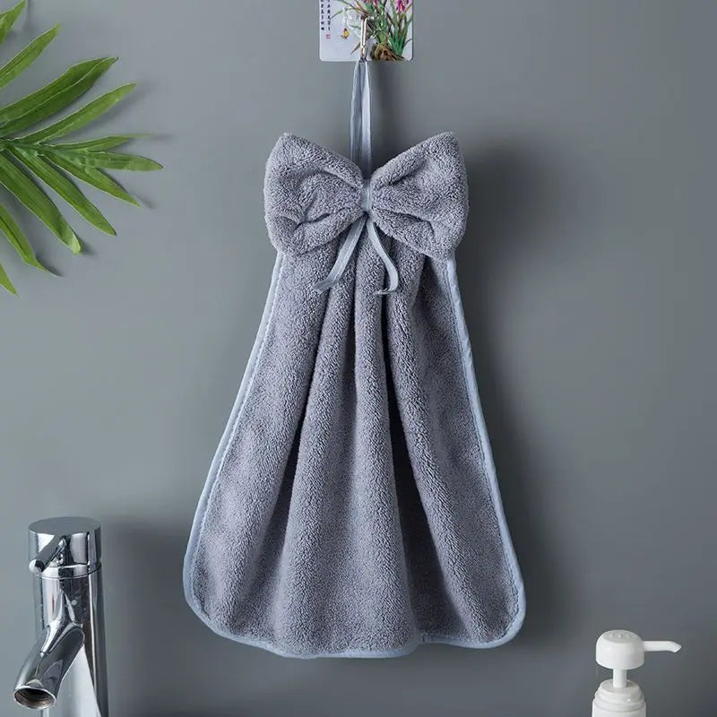 Bow Hanging Hand Towel – Absorbent Coral Fleece Kitchen & Bath