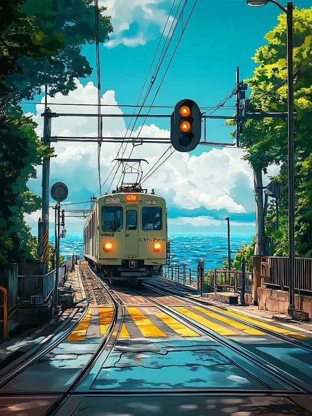Japanese Anime Landscape Canvas Print | Tram Train Ocean Wall Art Canvas Wall Art Print Peaceful Pleasures Health and Wellness 12 20x30cm Unframed