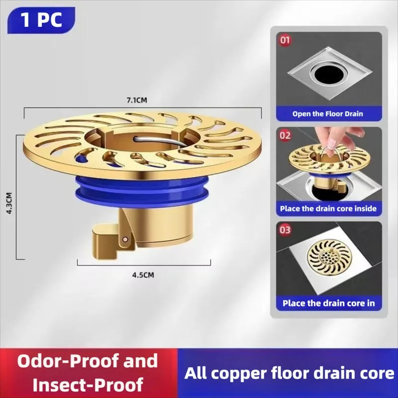 Floor Drain All-copper Shower Floor Drain Stopper Insectproof Anti-odor Deodorization Toilet Kitchen Bathroom Toilet Sewer Drain Peaceful Pleasures Health and Wellness Gold
