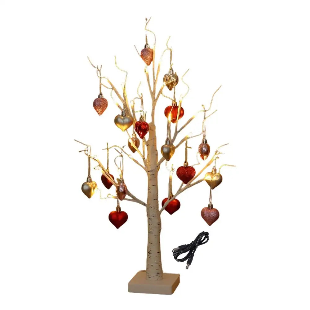 Lighted Birch Tree with 18 Heart Ornaments | Valentine's Decor