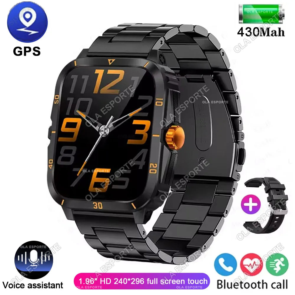2025 Sport Smart Watch For Men 1.96'' Screen Blood Oxygen Bluetooth Call Watch 100+Sport Waterproof Smartwatch Man Reloj Hombre Peaceful Pleasures Health and Wellness Black Gold Steel