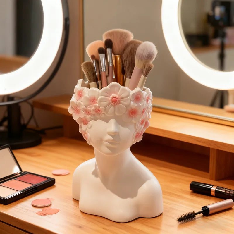 Nordic Style Face Holding Girl Makeup Brush Storage Cylinder Fashion Dresser Storage Tank Eyebrow Brush Eyeliner Pen Storage Box Peaceful Pleasures Health and Wellness