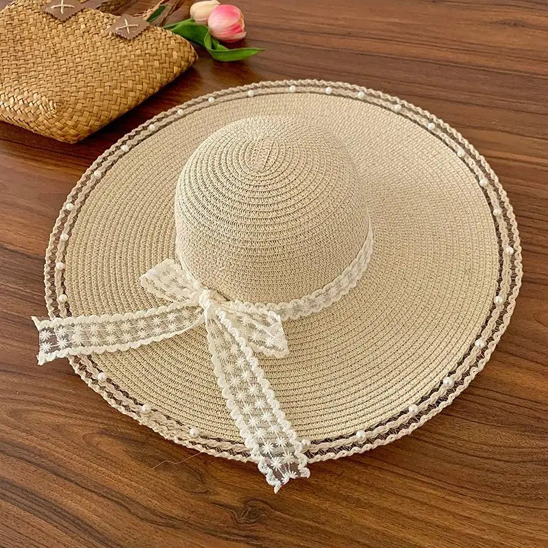 Women's Oversized Bow Straw Sun Hat – UV Protection Beach Hat