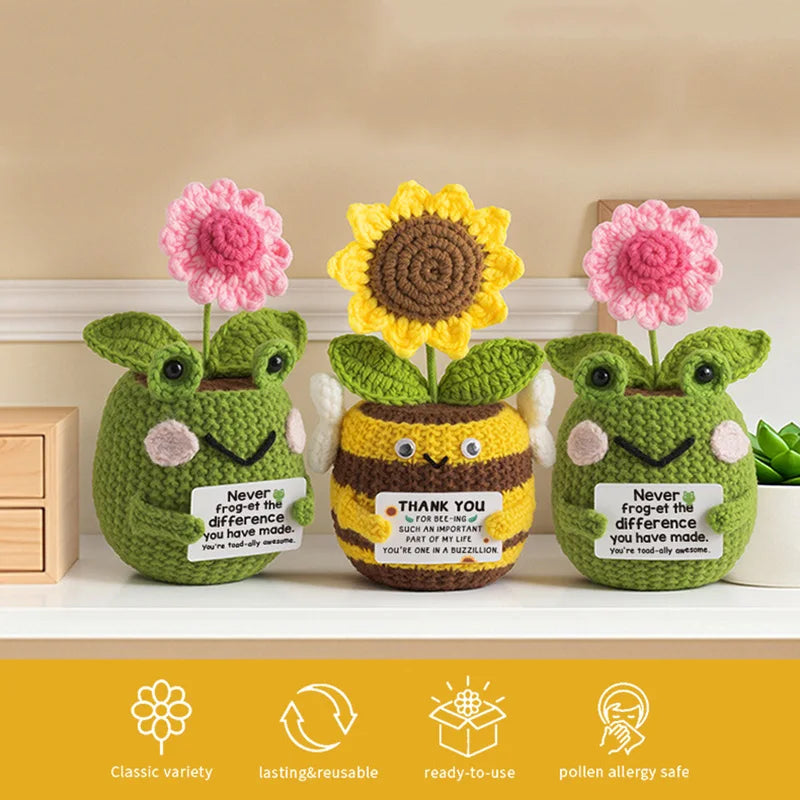 Handmade Crochet Frog Bee Plant Pot Doll | Desk Ornament Gift
