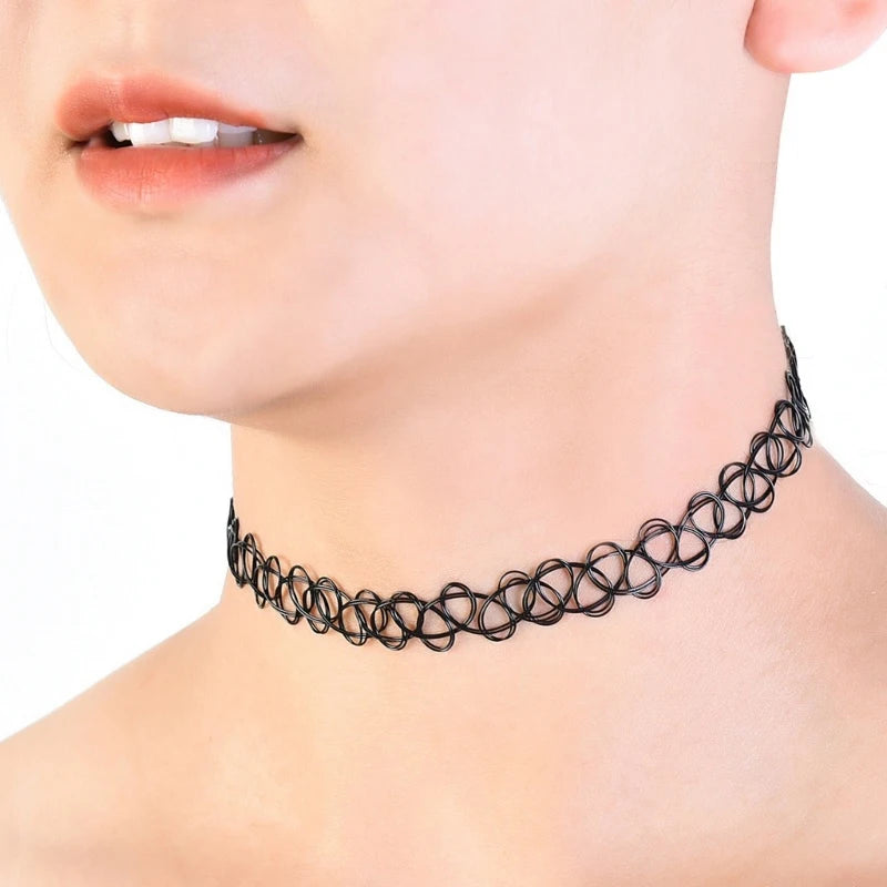 12-Pack Vintage Hippie Stretch Tattoo Choker Necklace Set