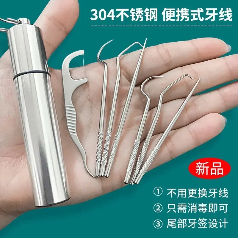 1Set Toothpick Set Metal Stainless Steel Oral Cleaning Tooth Flossing Portable Toothpick Floss Teeth Cleaner with Storage Tube Peaceful Pleasures Health and Wellness Silver 7pcs