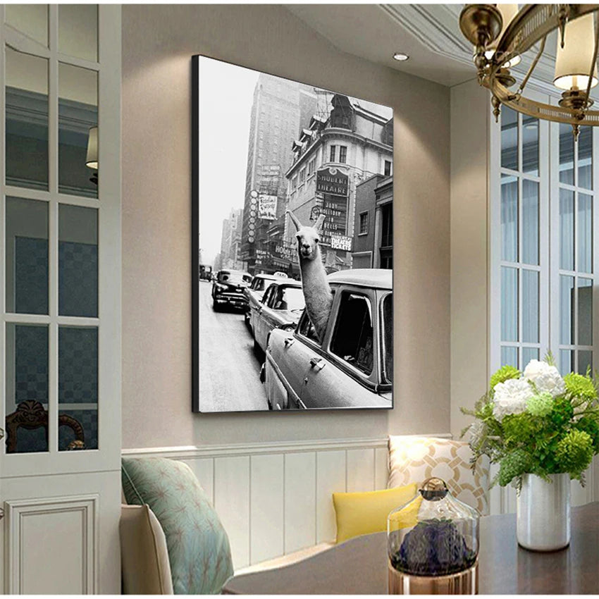 Llama in a Taxi Times Square Canvas Print | NYC Wall Art