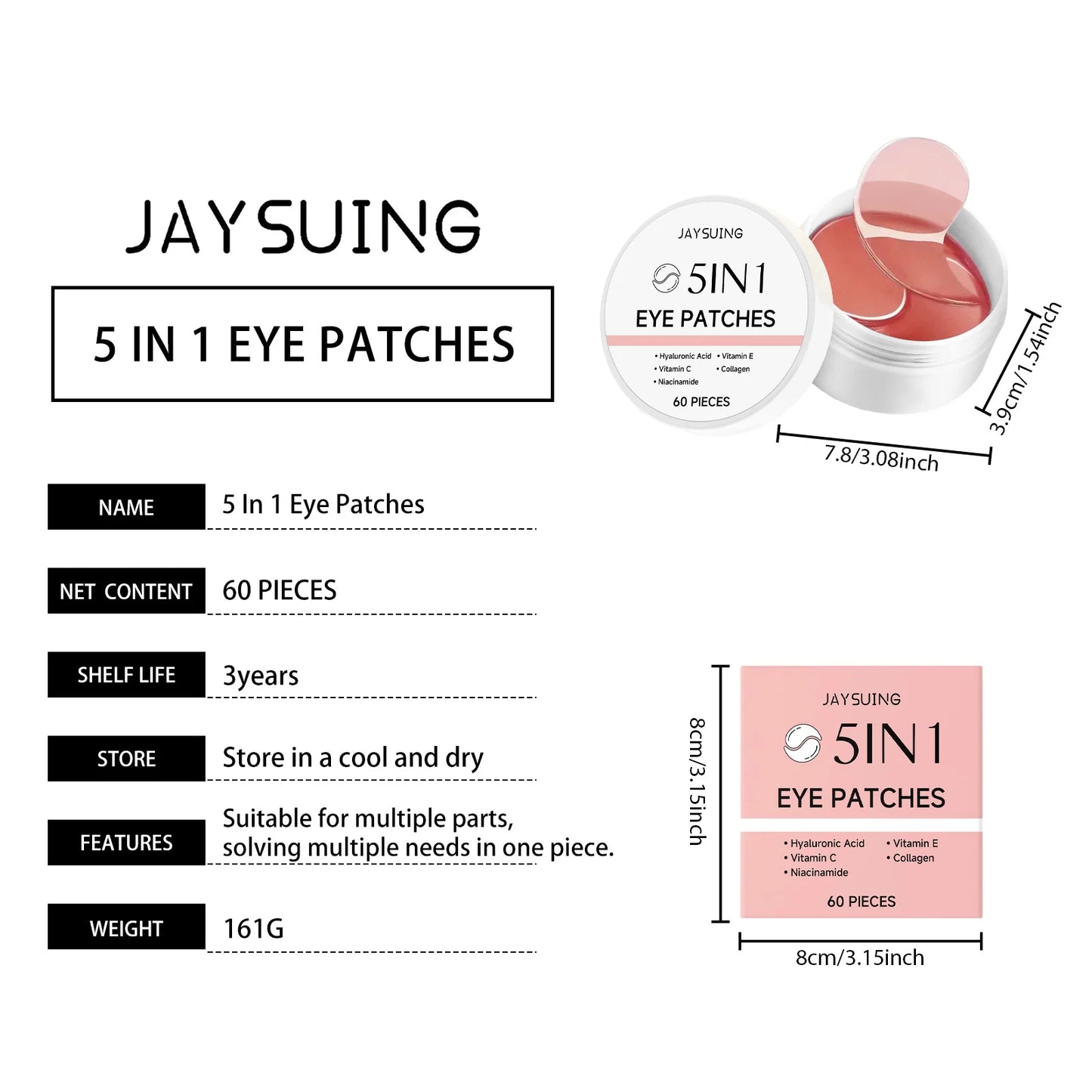JAYSUING 5-in-1 Under Eye Patches – Hyaluronic Acid & Collagen 60pc