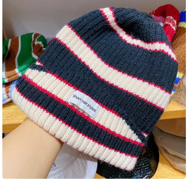 Striped Knit Beanie – Warm Contrast Color Winter Hat Unisex