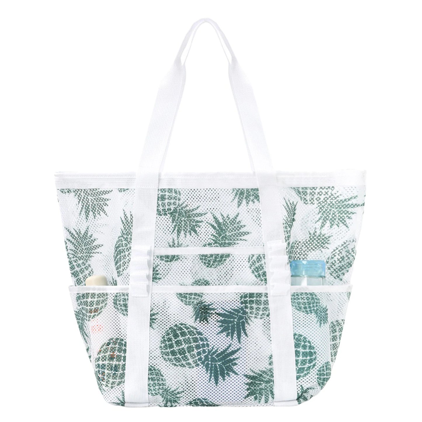 Mesh Beach Bags Beach Tote Bag With Multi Pockets Large Capacity Travel Tote Handbag Swim Pool Bag Multifunctional Storage Bag Peaceful Pleasures Health and Wellness White Pineapple