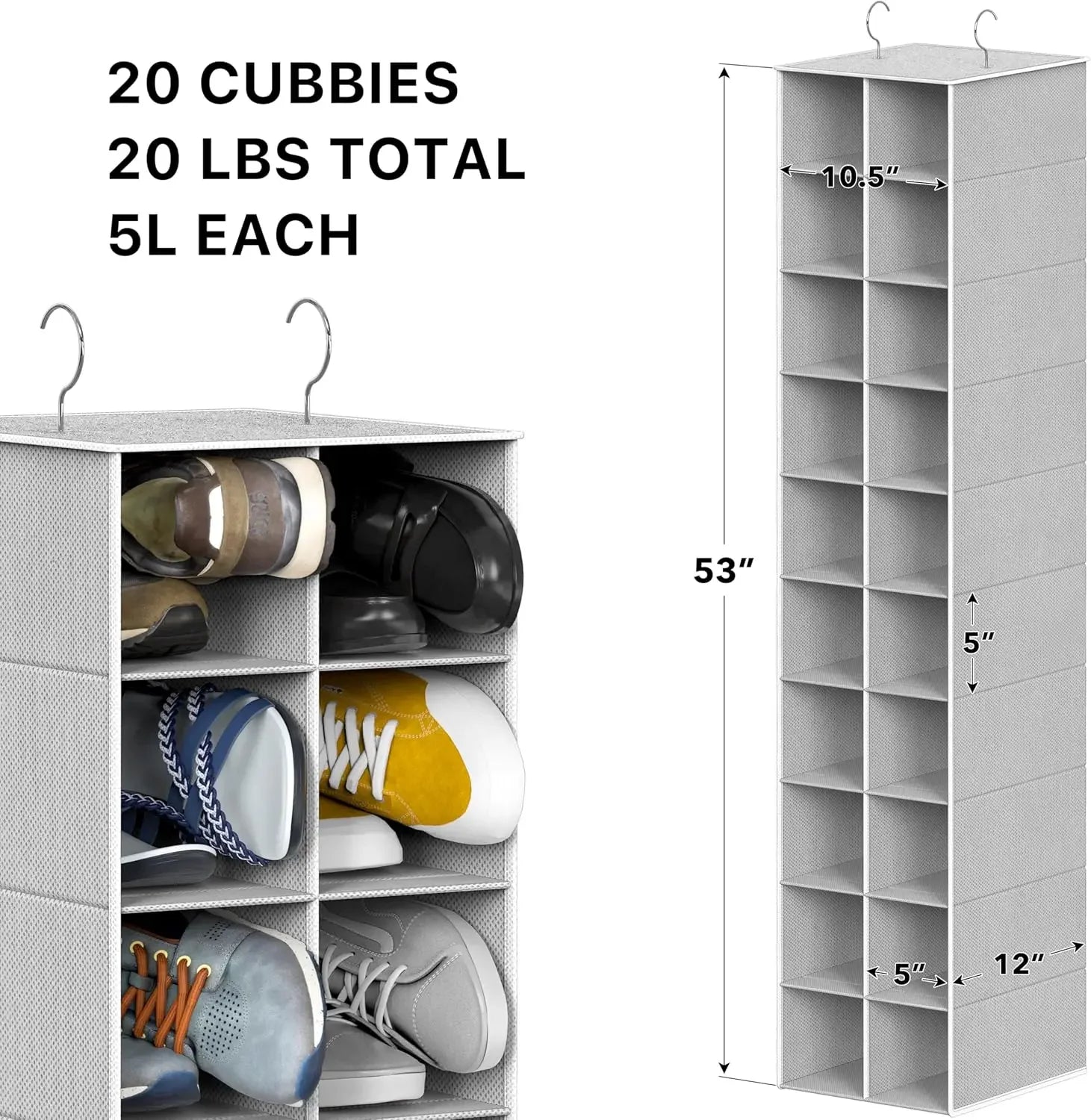 20-Section Hanging Shoe Organizer for Closet, Gray - Space-Saving Storage Solution Peaceful Pleasures Health and Wellness