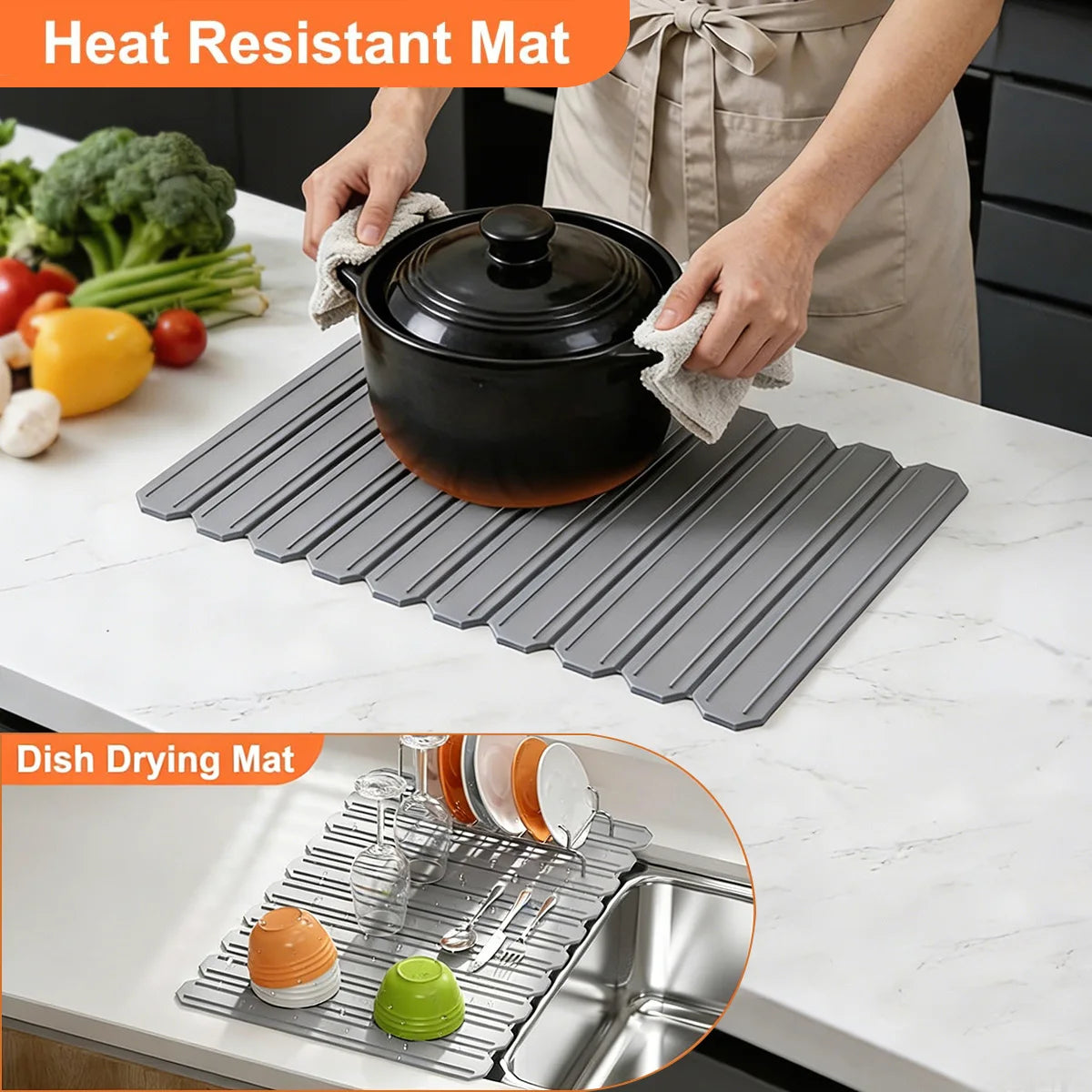 Silicone Dish Drying Mat for Kitchen Countertop-Foldable & Trimmable Heat Resistant Non-Slip Sink Mat 23.62"x15.74", for Dishes Peaceful Pleasures Health and Wellness