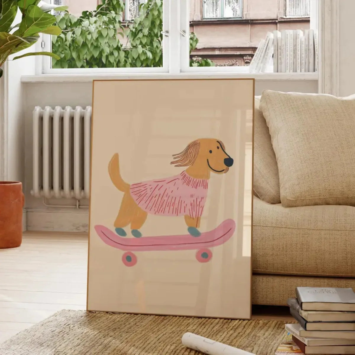 Cute Skateboard Dog Dachshund Canvas Prints Poster Cartoon Funny Animal Art Prints Bedroom Nursery Wall Art Home Decor Poster Peaceful Pleasures Health and Wellness